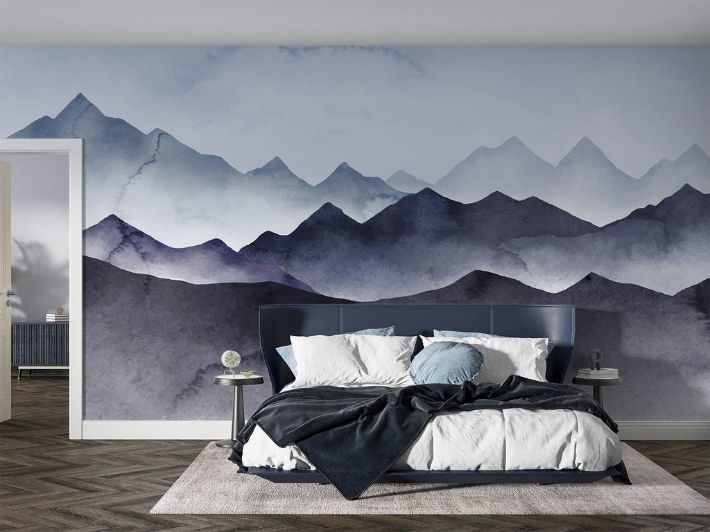 Mountain mural wallpaper creating a calming atmosphere in a modern living room with grey sofa