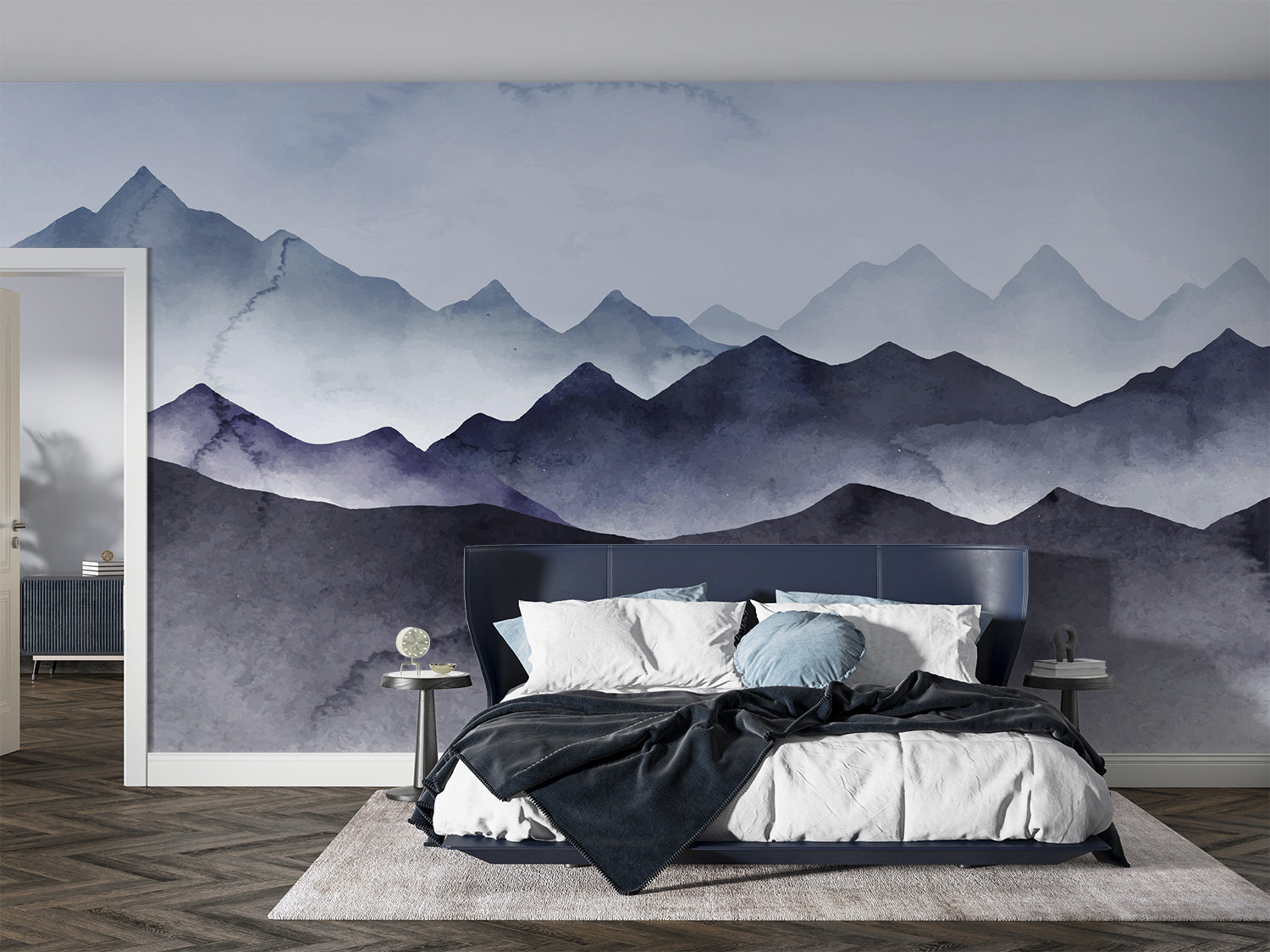 Mountain mural wallpaper creating a calming atmosphere in a modern living room with grey sofa