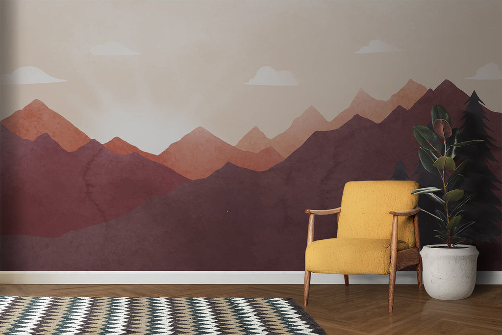 Mountain range wallpaper bringing nature into a peaceful meditation room