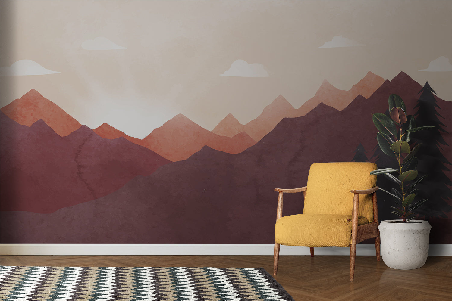 Mountain range wallpaper bringing nature into a peaceful meditation room