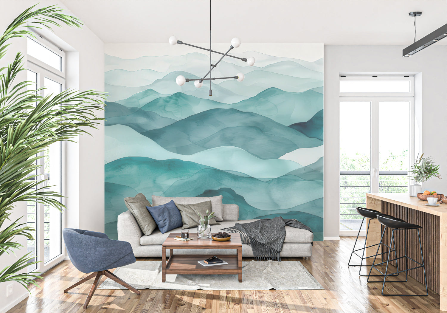 Mountain mural wallpaper creating depth in modern living room with minimal furniture