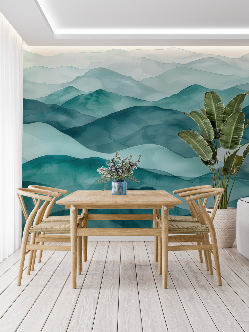 Misty mountain mural in dining room with contemporary furniture