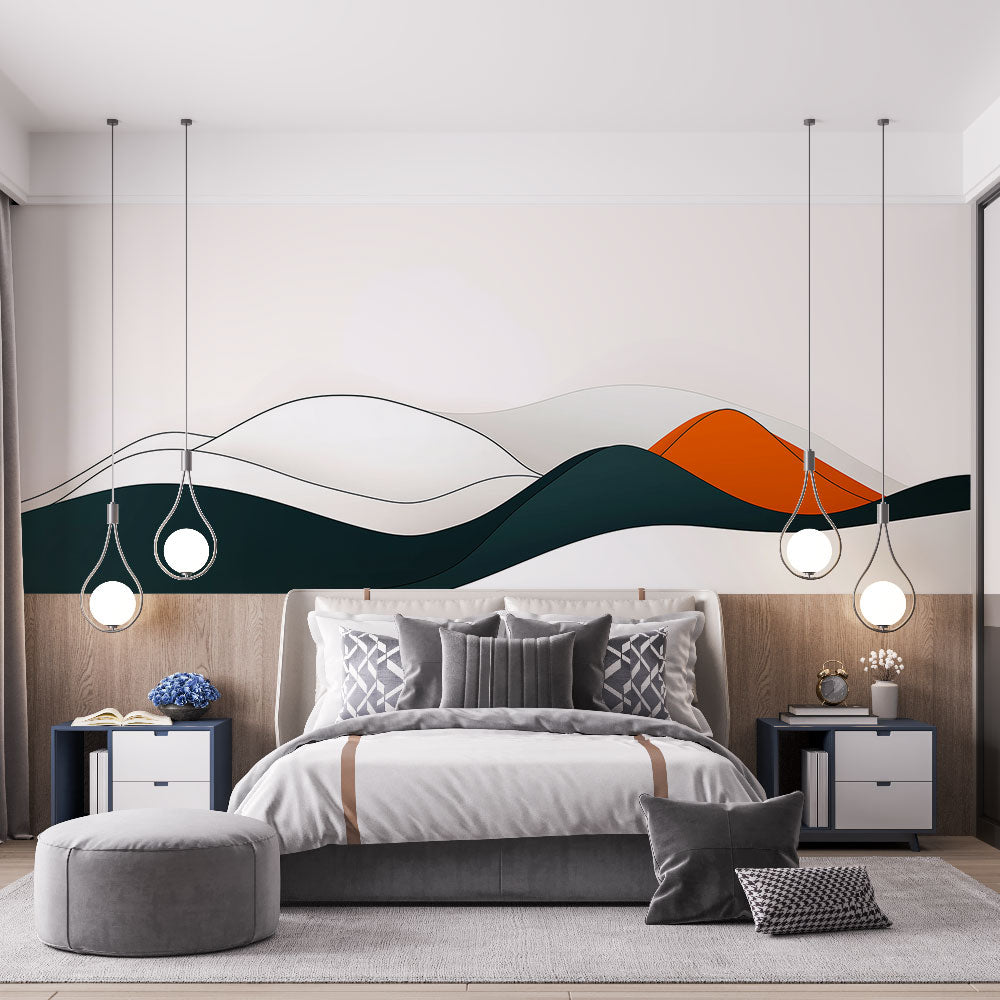 Modern abstract mountain line art wallpaper in a bright Scandinavian living room with minimal furniture