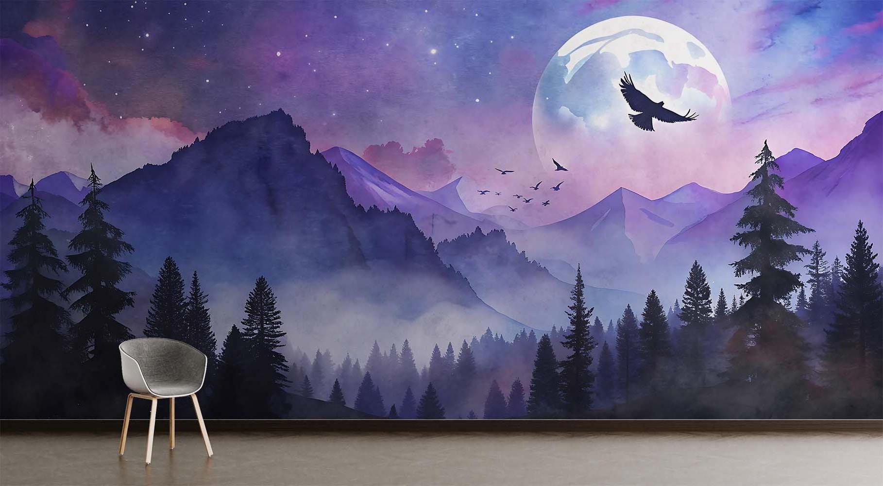 Purple mountain wallpaper transforming home office space