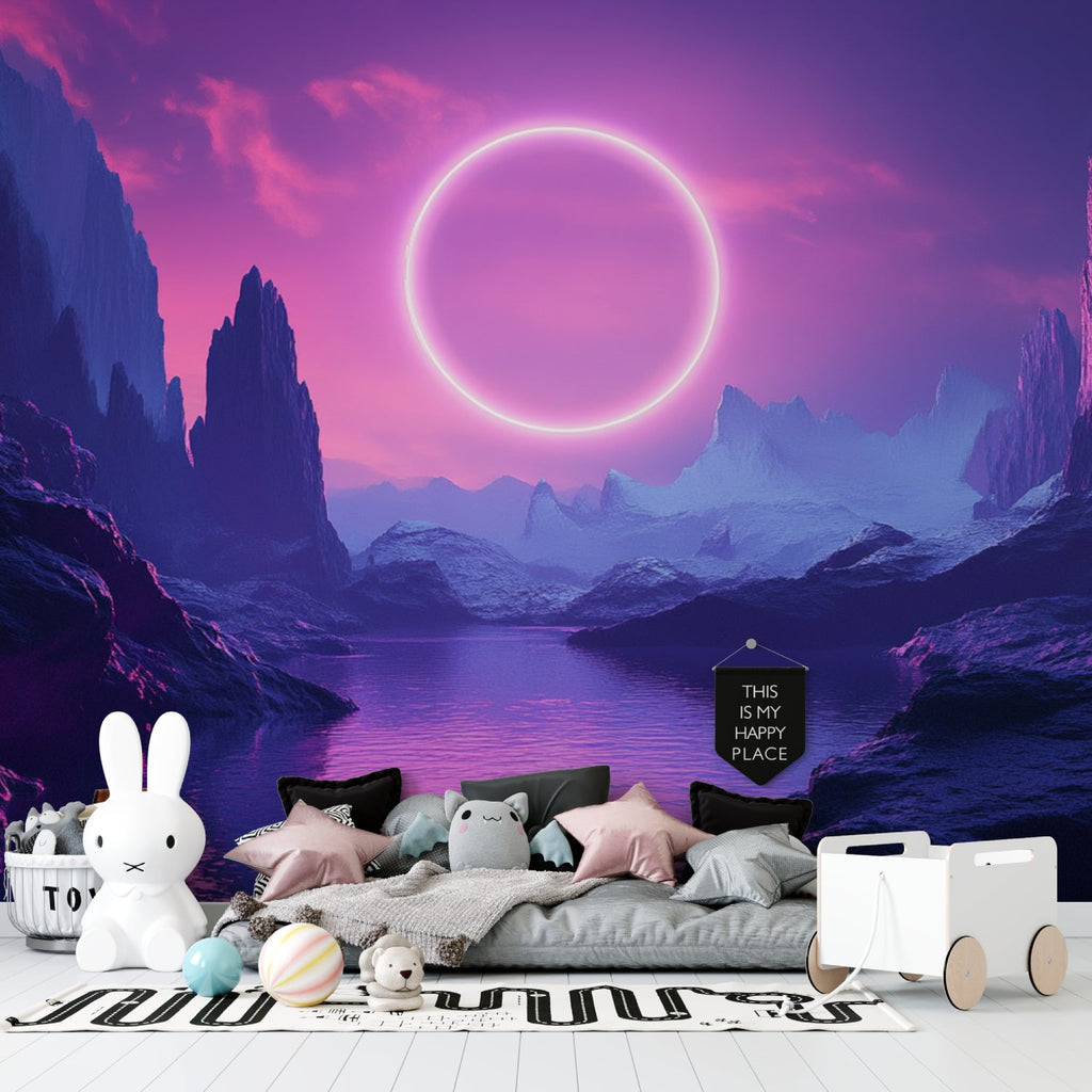 Neon eclipse landscape wallpaper transforming living room space