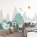 Mountain landscape wallpaper creating a serene atmosphere in a modern living room with minimal furniture