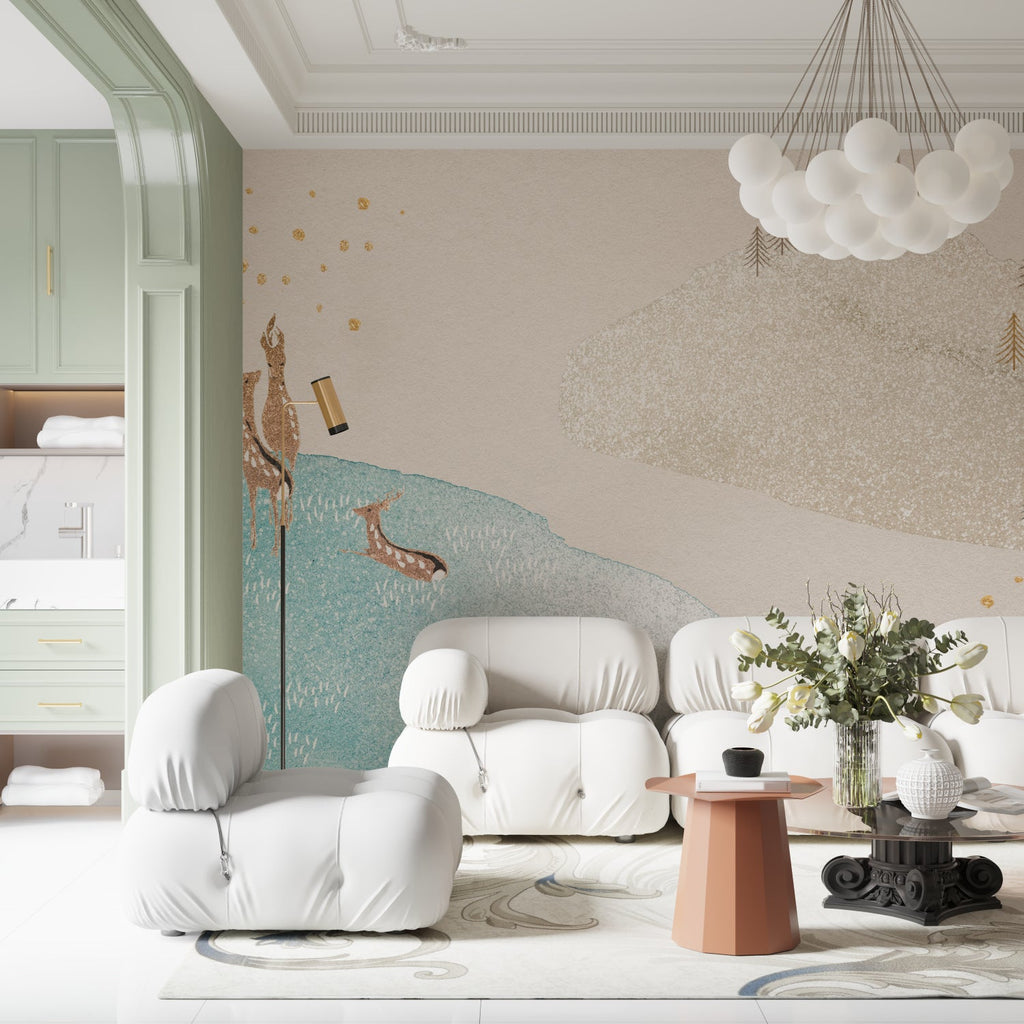 Mountain wallpaper with gold accents in modern Scandinavian living room, natural light highlighting the golden details