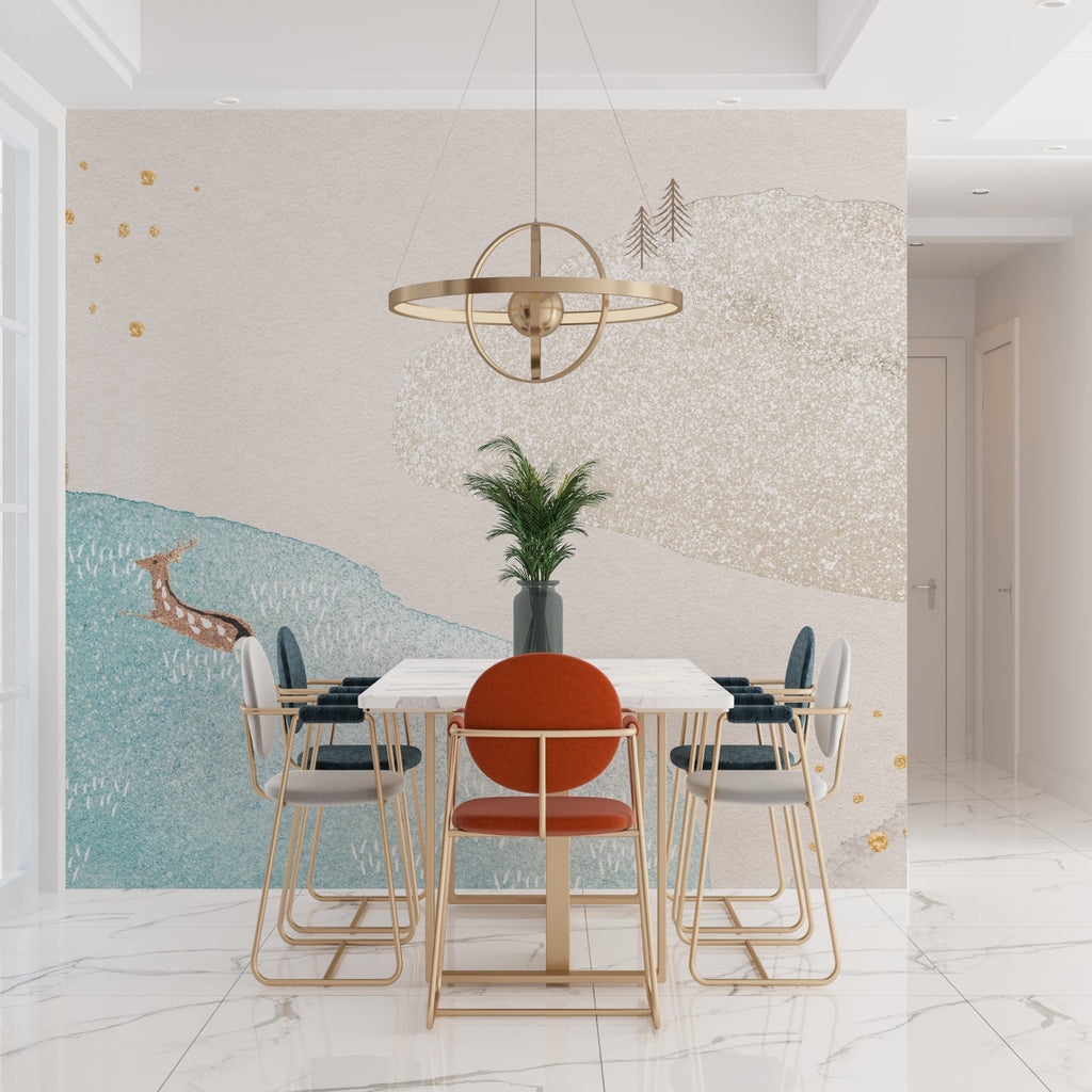 Scandinavian mountain wallpaper featured in home office with morning light catching gold elements