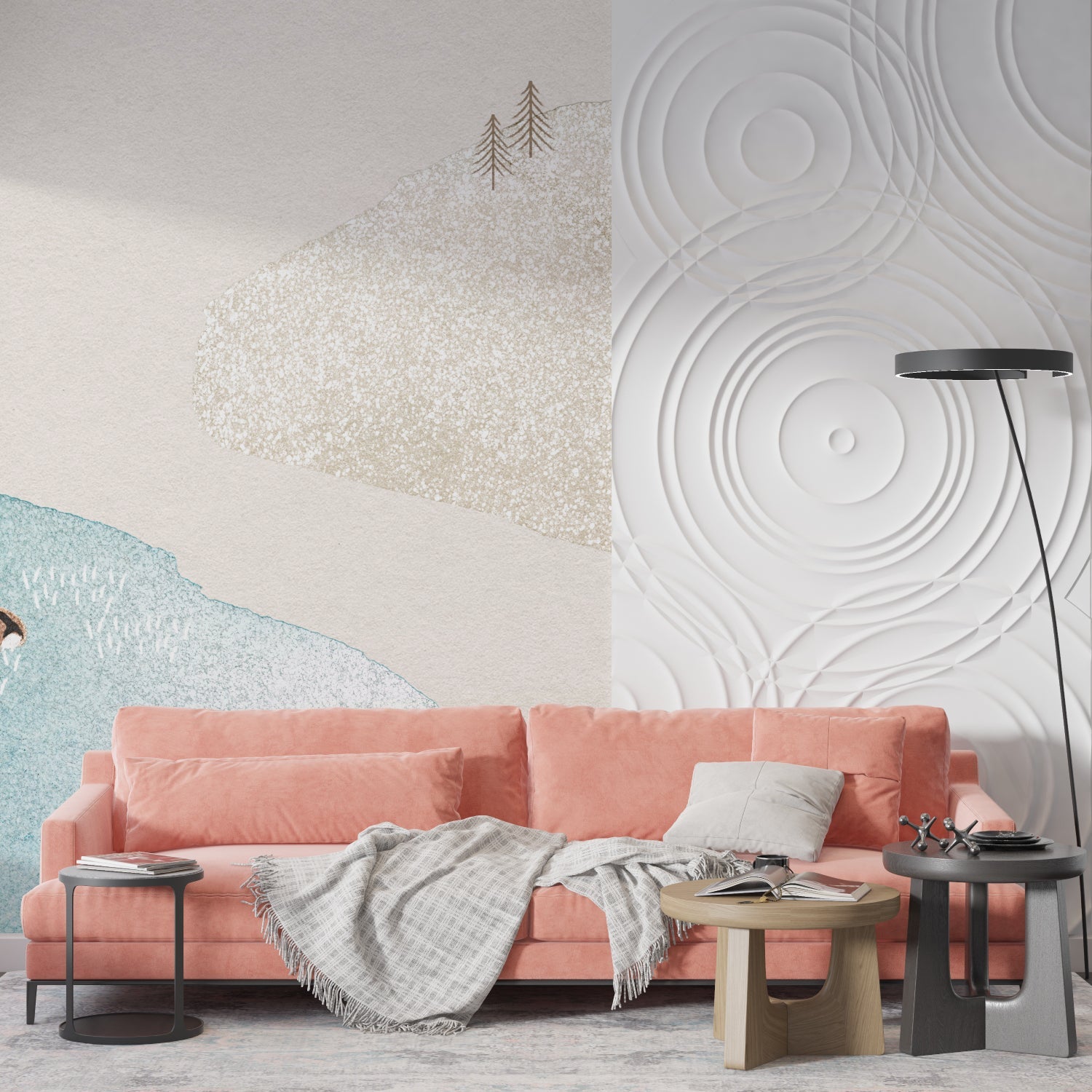 Mountain landscape wallpaper in dining room showing full wall application