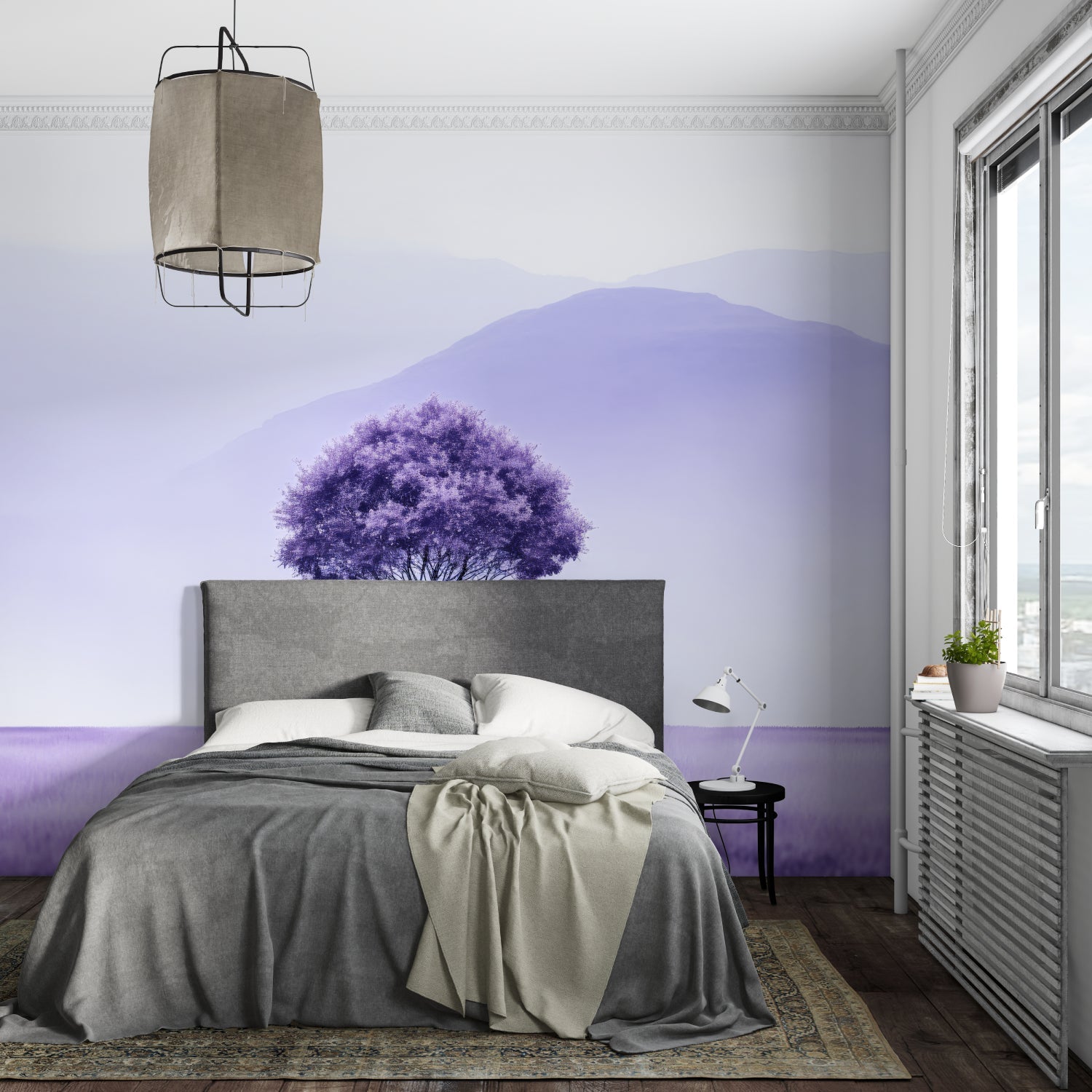 Purple tree wallpaper in home office showing depth effect
