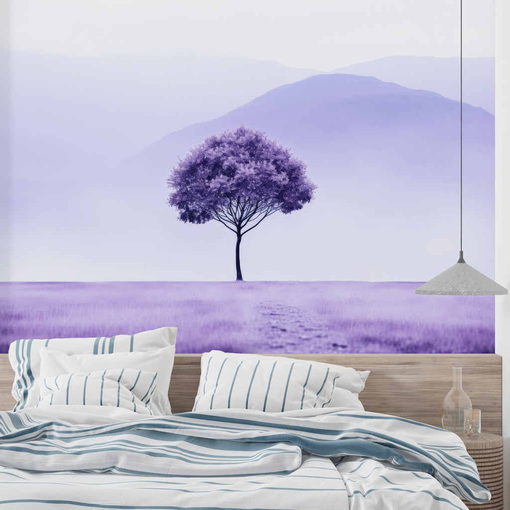 Minimalist mountain mural in meditation room with natural light