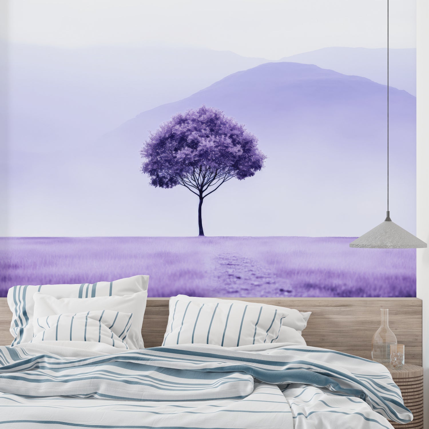 Minimalist mountain mural in meditation room with natural light