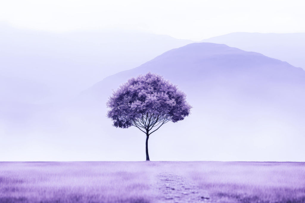 Design file of purple mountain landscape wallpaper showing misty peaks and lone tree