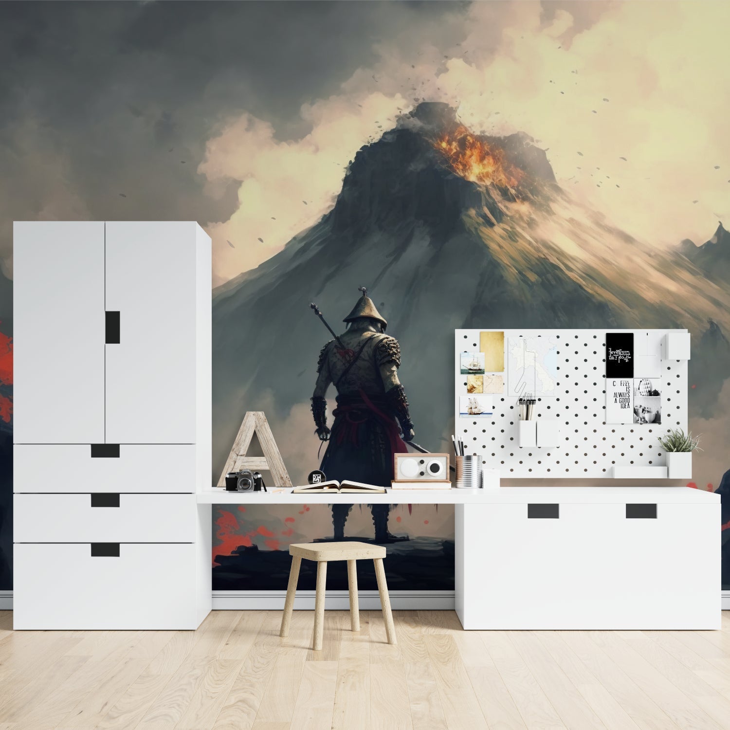 Japanese warrior wallpaper showcased in contemporary dining space
