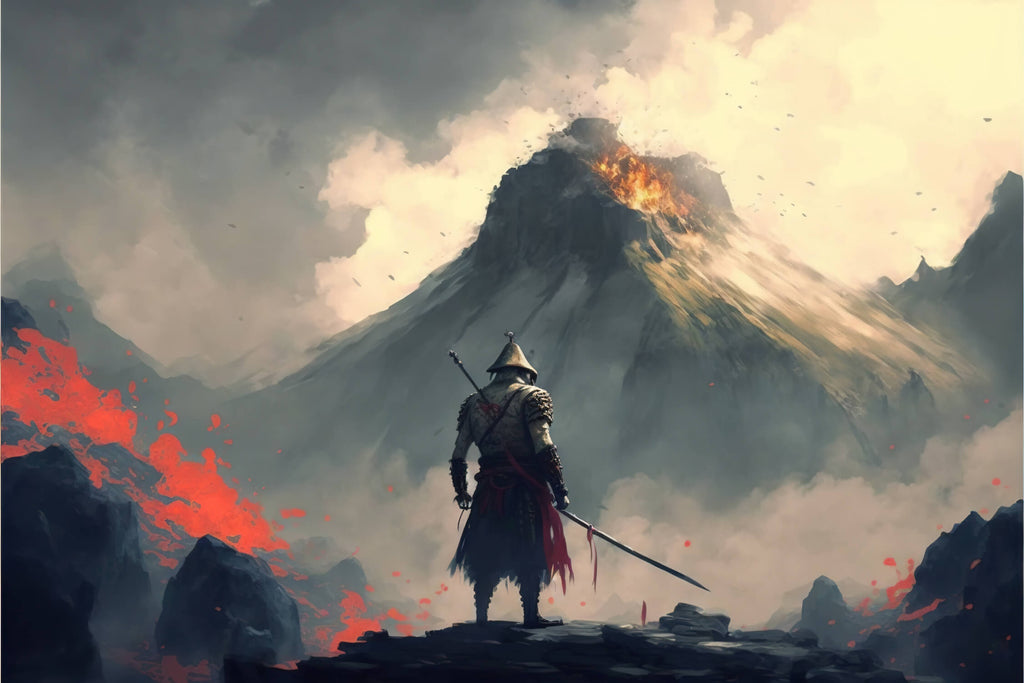 Mountain landscape design file showing full samurai warrior and sunset pattern