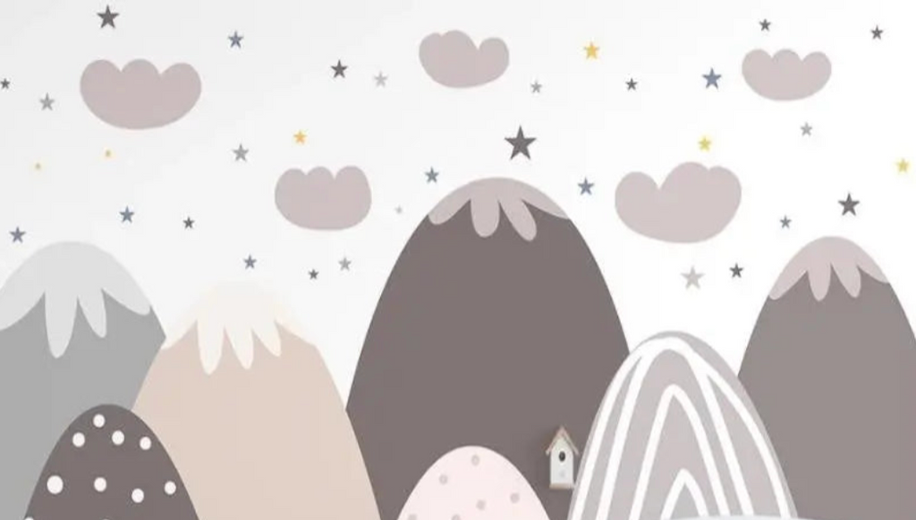 Mountain wallpaper design file showing Nordic peaks pattern with gold and silver stars on white background