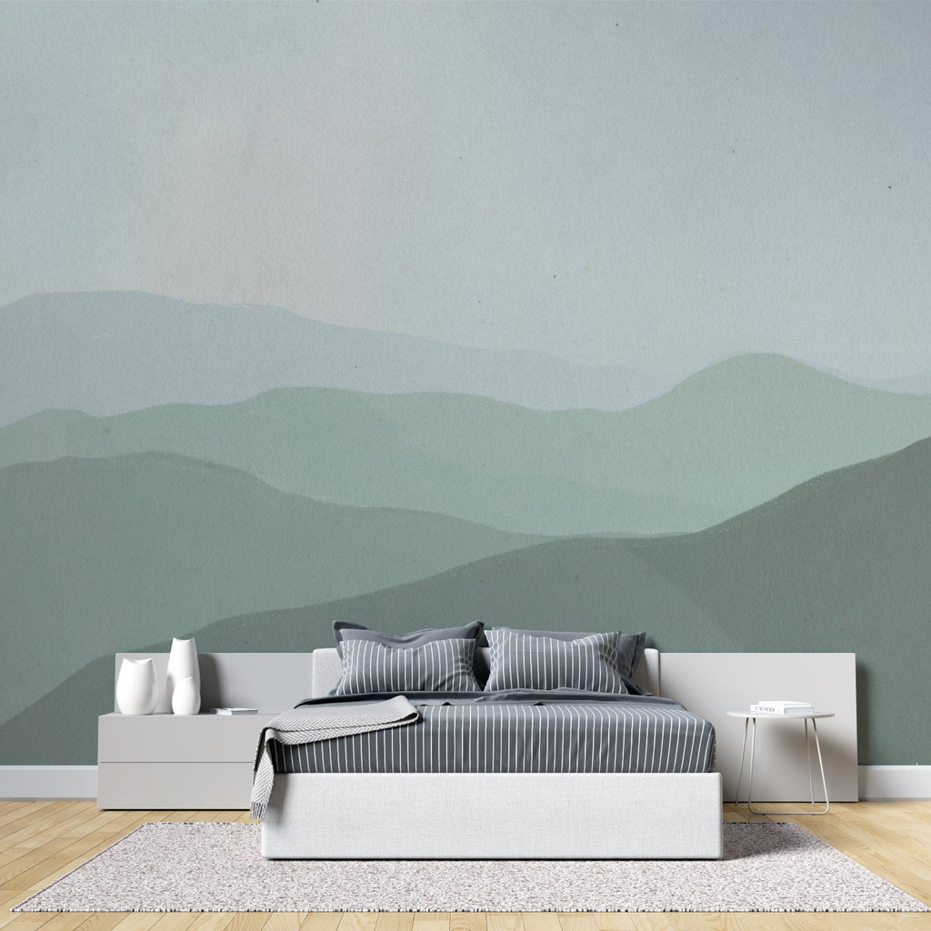 Green landscape wallpaper in meditation room showing scale and depth