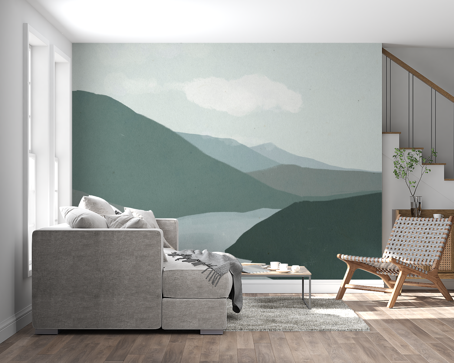 Mountain landscape wallpaper creating depth in modern living room with minimal furniture