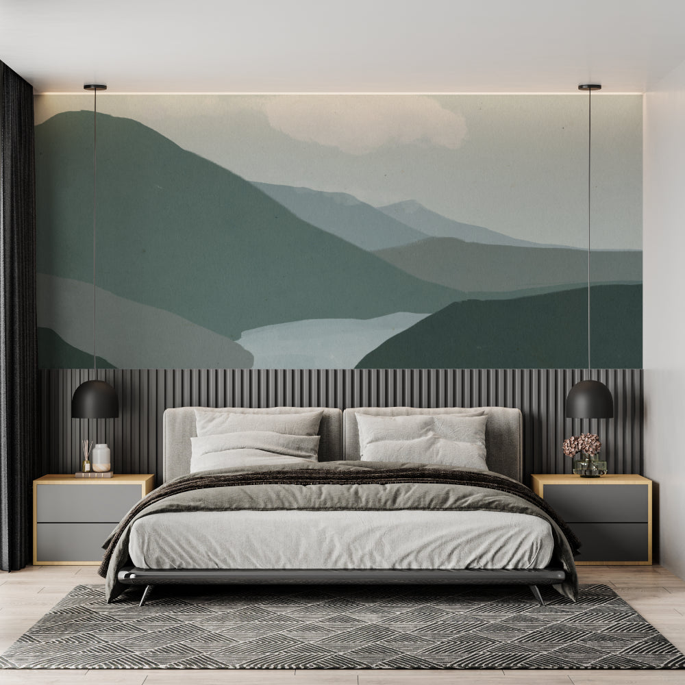 Mountain wall mural in dining room showing scale and impact