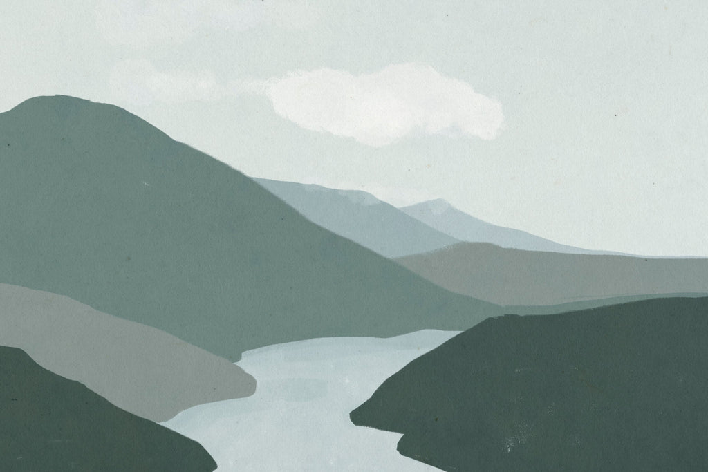 Mountain landscape wallpaper design file showing full pattern and soft green tones