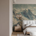 Mountain landscape wallpaper in modern living room creating depth and serenity
