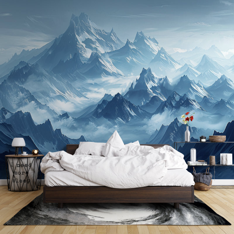 Panoramic mountain wallpaper adding depth to home office with wooden desk