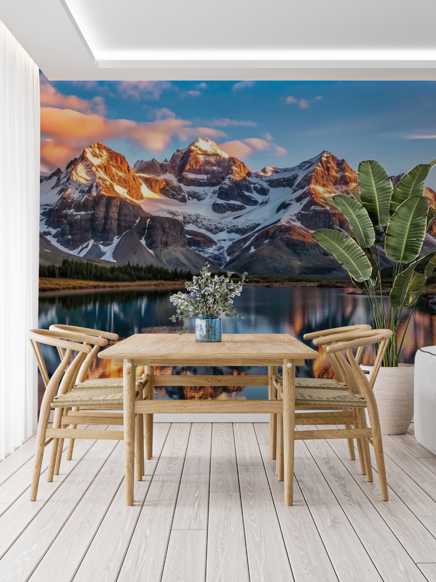 Mountain landscape wallpaper creating depth in modern living room with minimal furniture