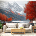 Mountain landscape wallpaper with red forest and snowy peaks displayed in a modern living room setting