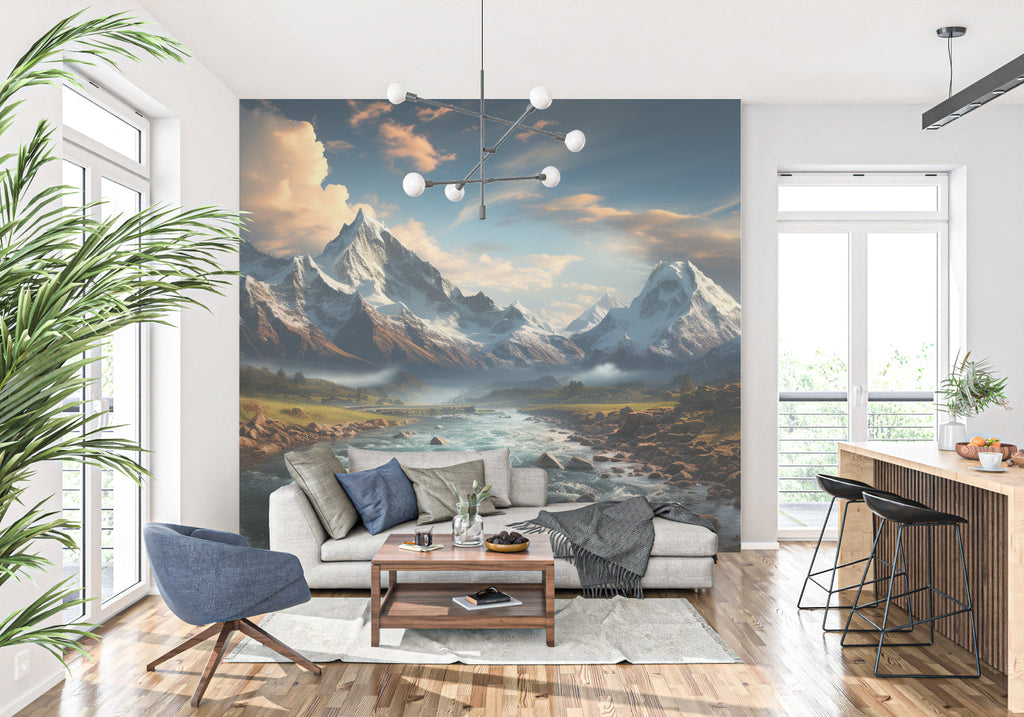 Scenic mountain mural wallpaper brightening a cozy bedroom with natural light