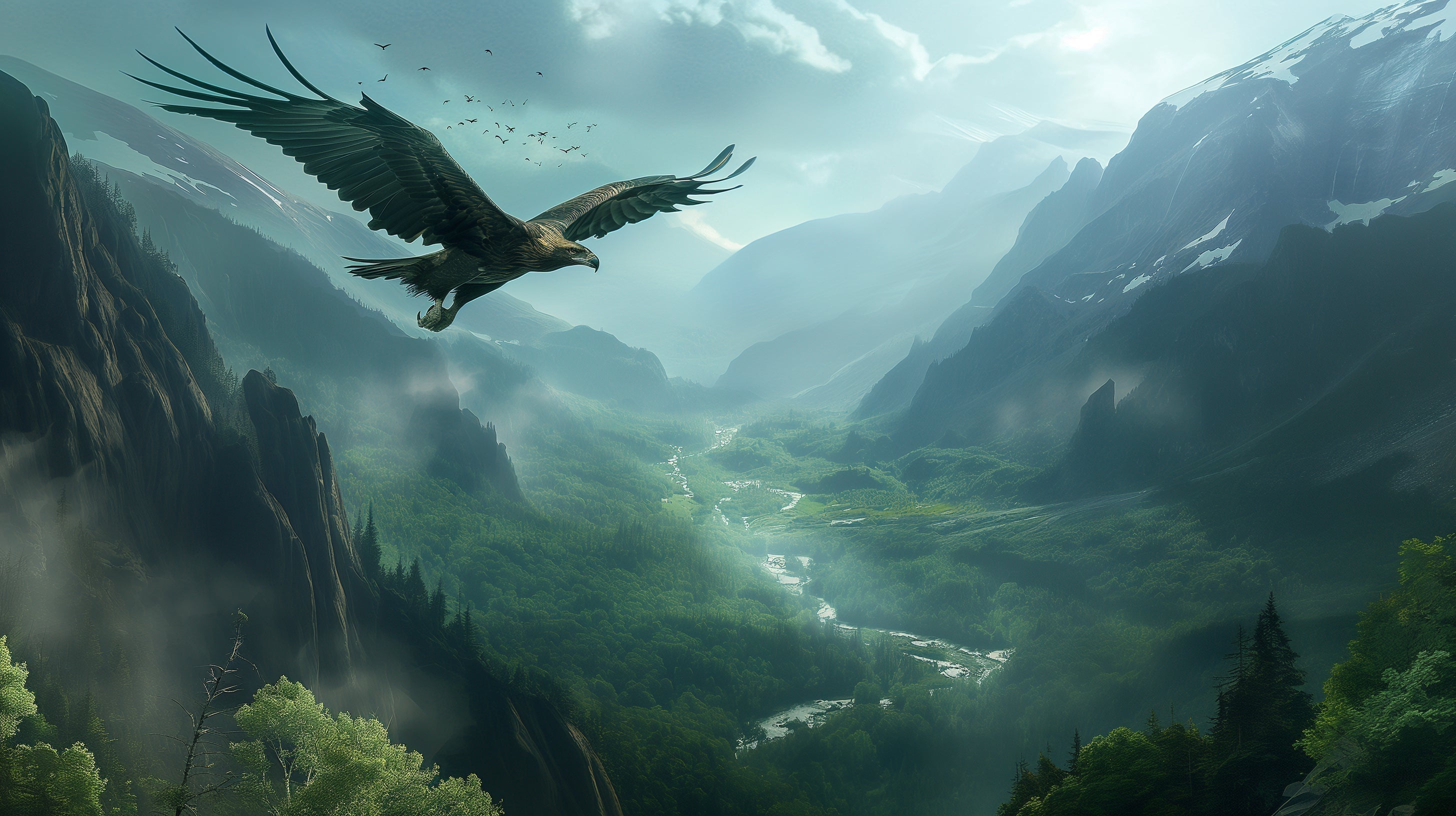 Mountain landscape wallpaper with soaring eagle shown in a modern living room, creating depth and drama
