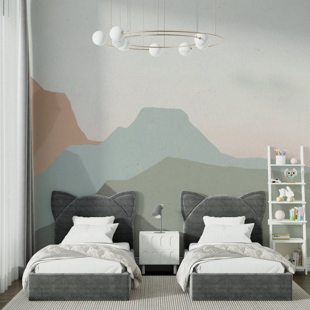 Mountain peak wallpaper in pastel tones adorning a cozy reading nook