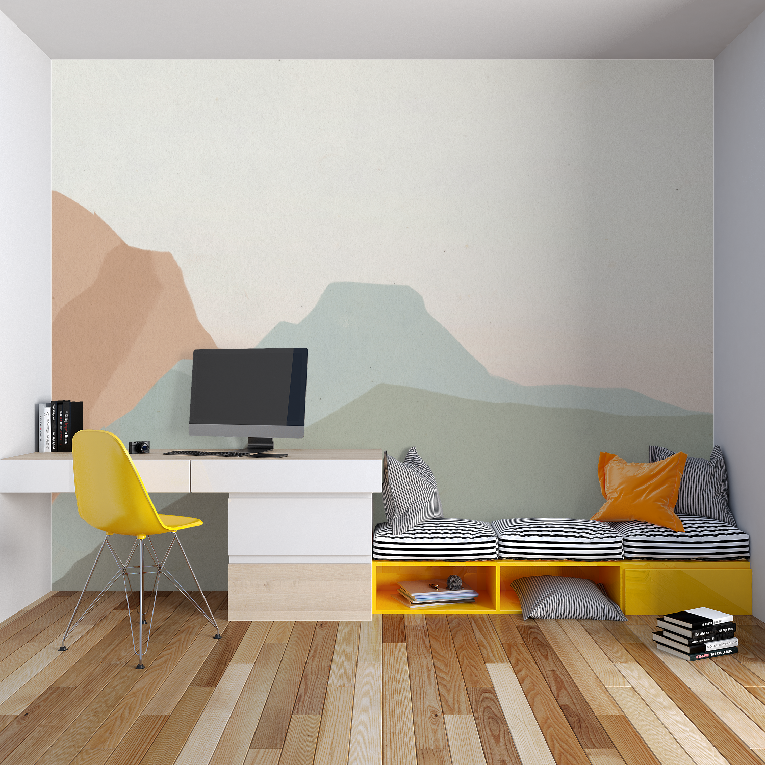 Minimalist mountain mural creating depth in a contemporary dining room