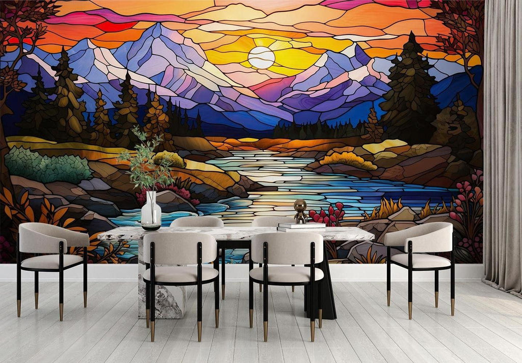 Mountain landscape wallpaper in modern living room, showing stained glass sunset design casting warm light across furniture