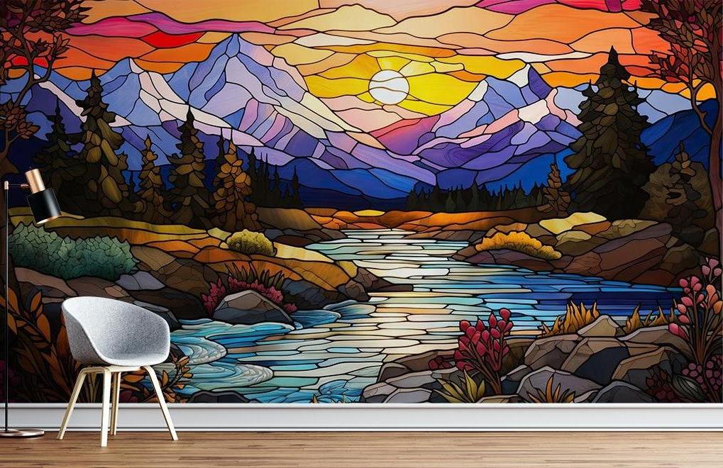 Stained glass mountain mural wallpaper installed in dining room, highlighting dramatic sunset colors and peak details