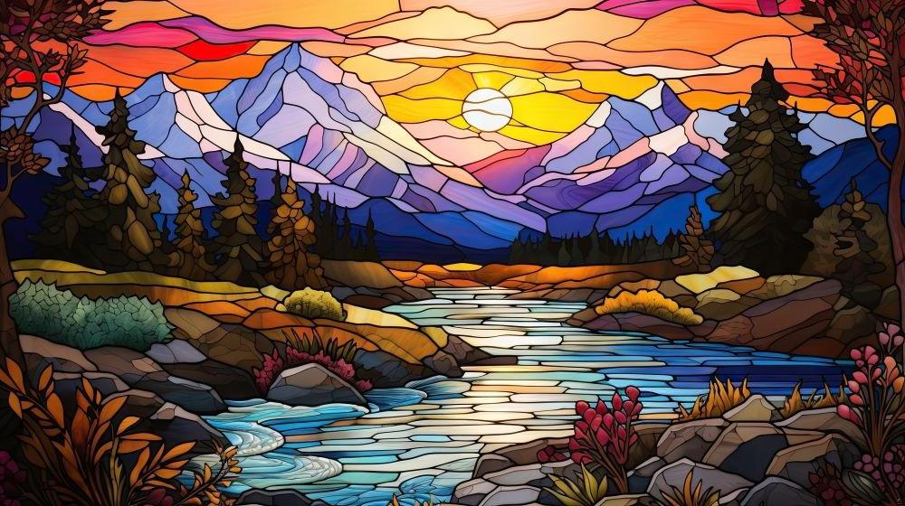 Mountain landscape design file showing detailed stained glass pattern with sunset colors and peaks