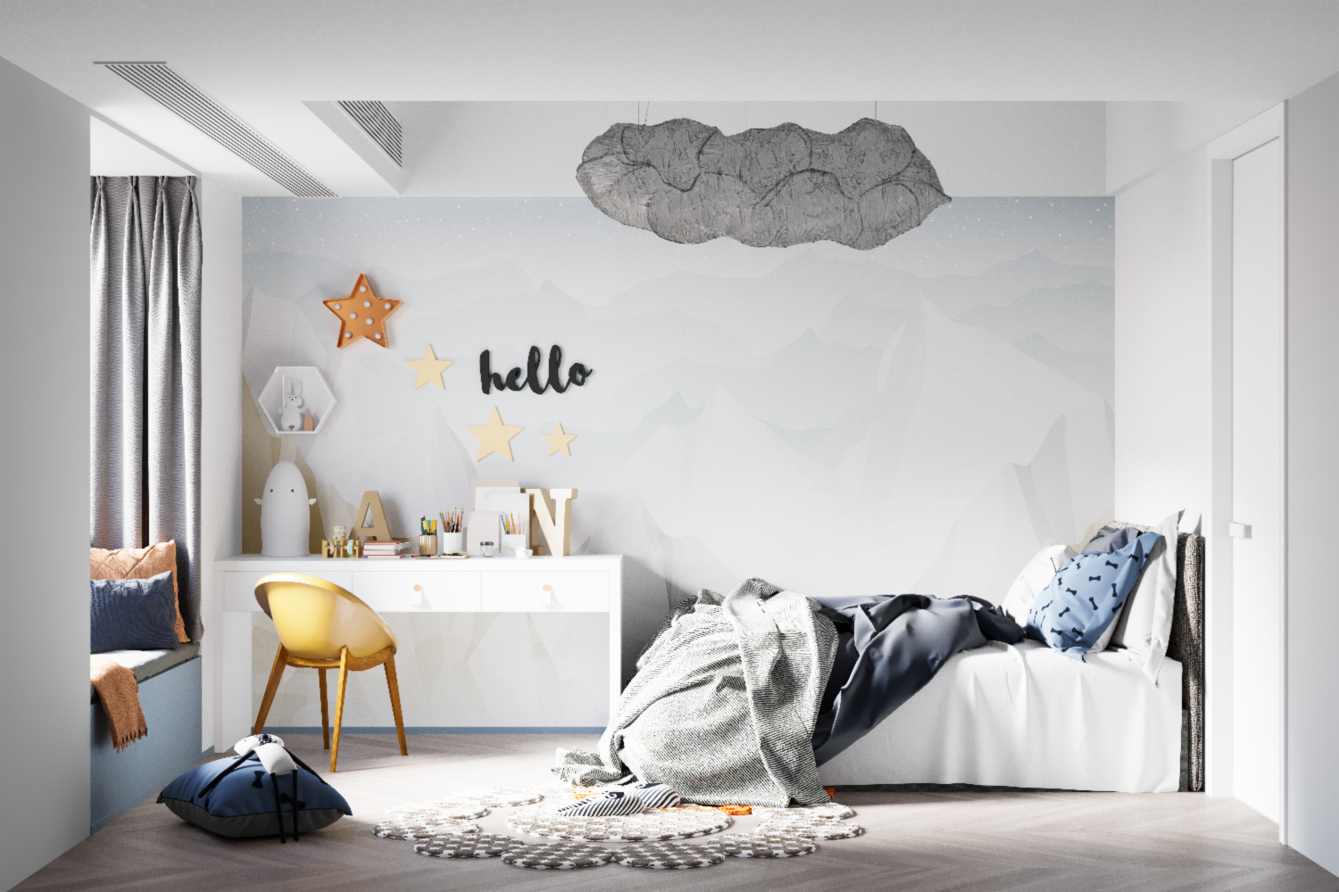 Starry night mountain mural creating calm atmosphere in master bedroom