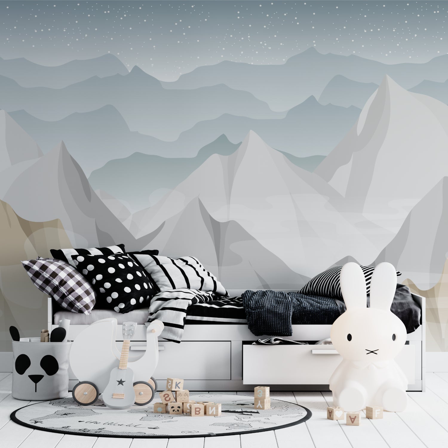 Mountain peak wallpaper in contemporary home office with desk setup