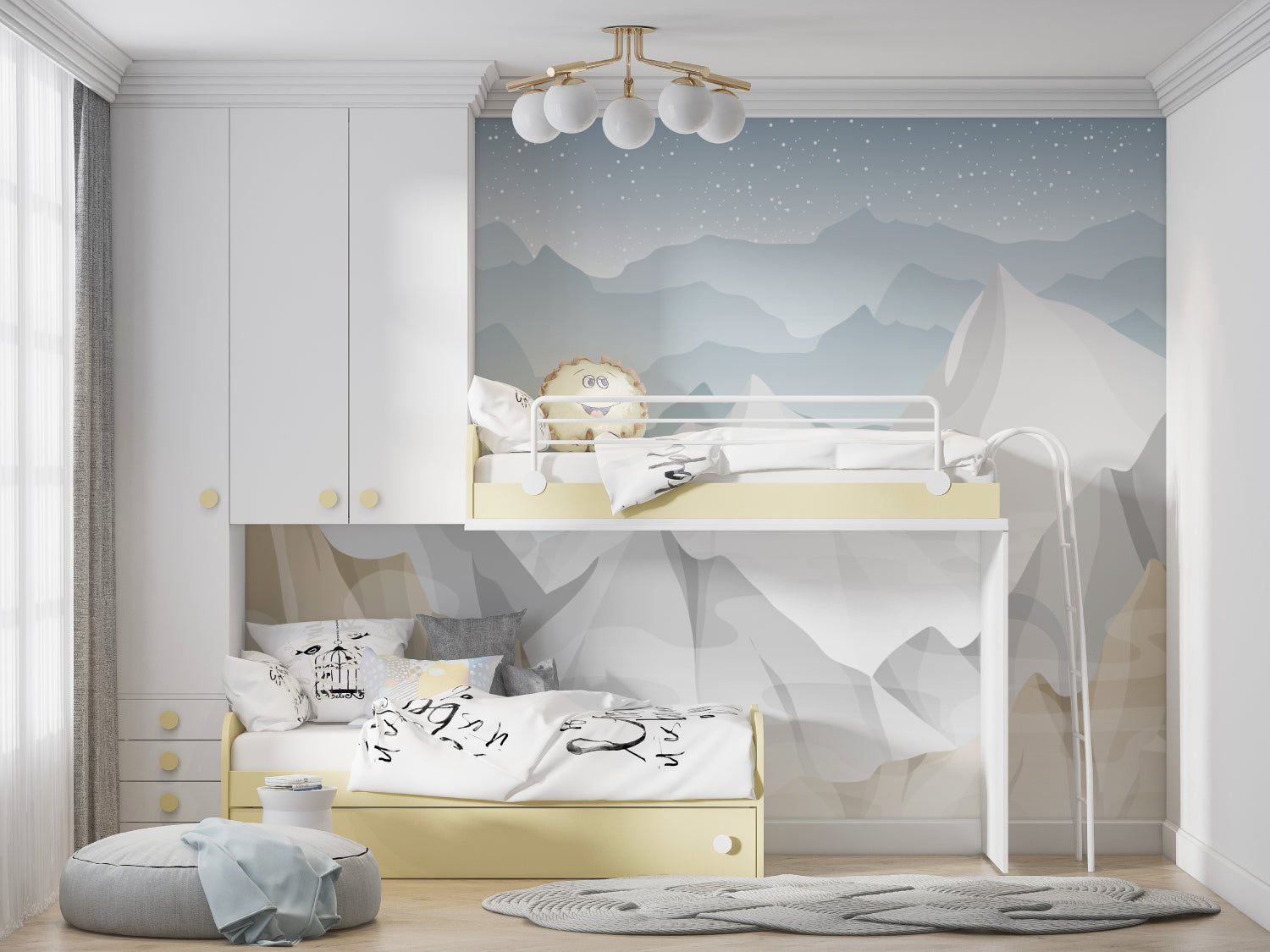 Minimalist mountain mural in Scandinavian dining room setting