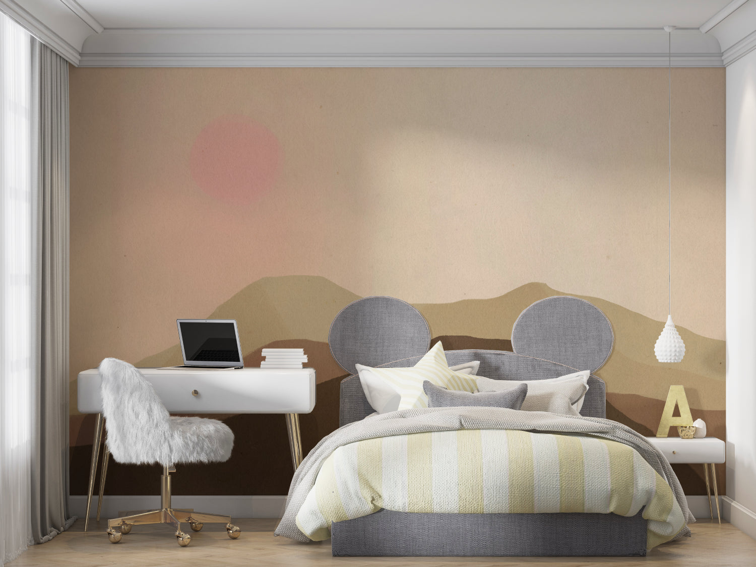 Desert sunset wall mural bringing warmth to master bedroom with earth tone decor