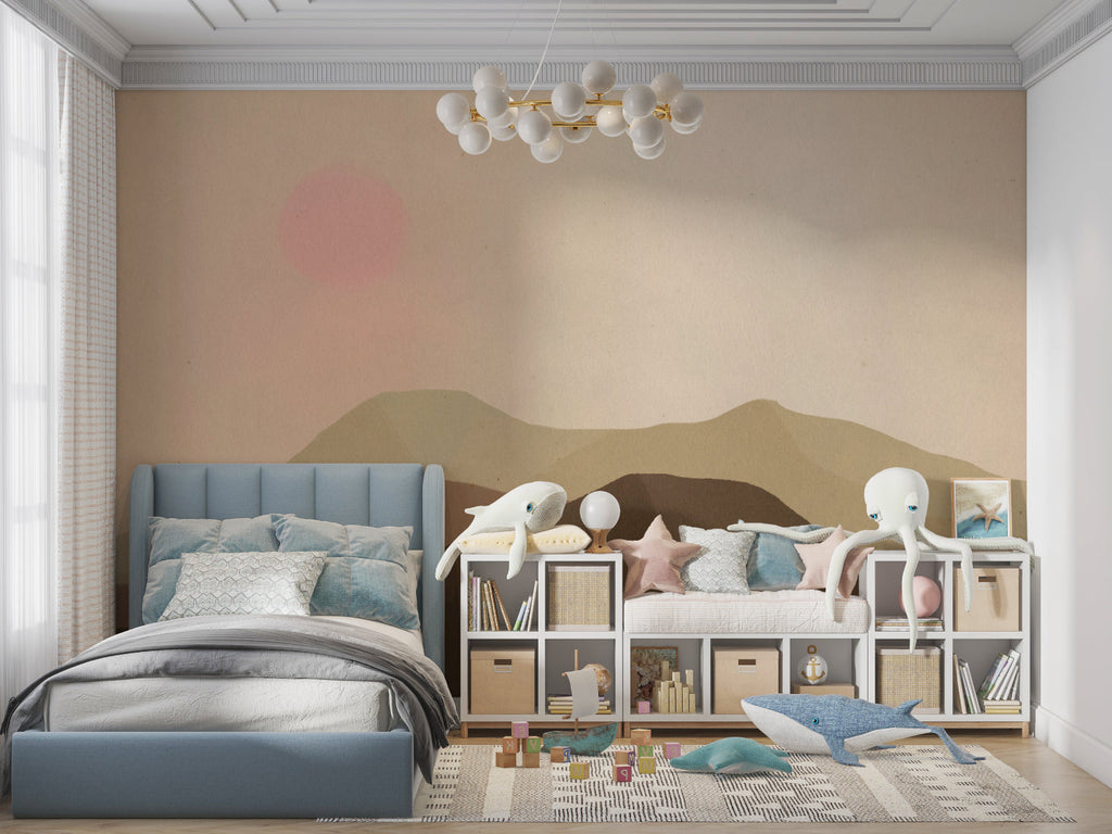Mountain wall art transforming home office space with peaceful desert scenery