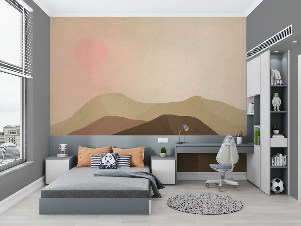 Sunset mountain mural adding natural beauty to dining room accent wall