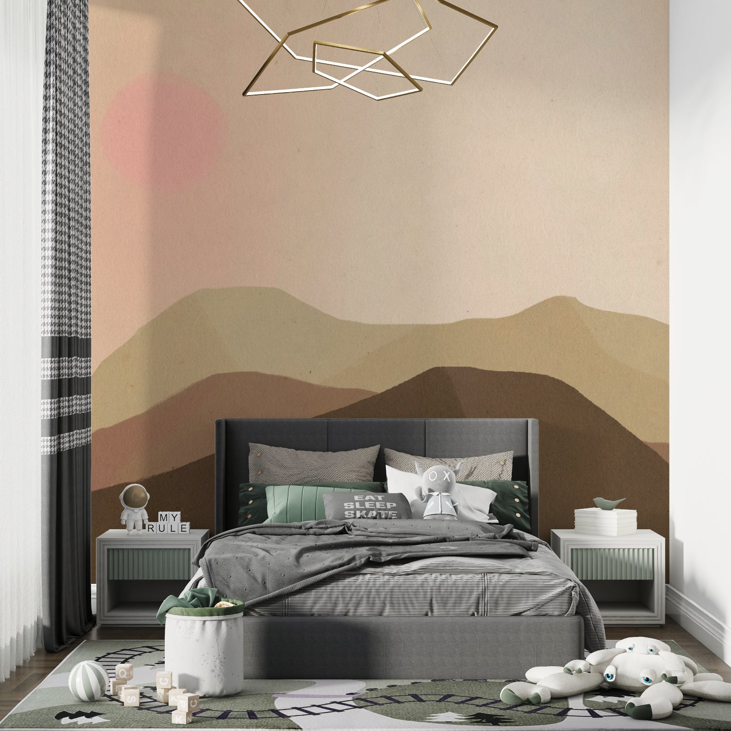Desert landscape wallpaper creating cozy atmosphere in reading nook corner