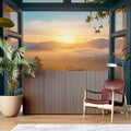 Mountain view wallpaper creating depth in modern living room with natural light