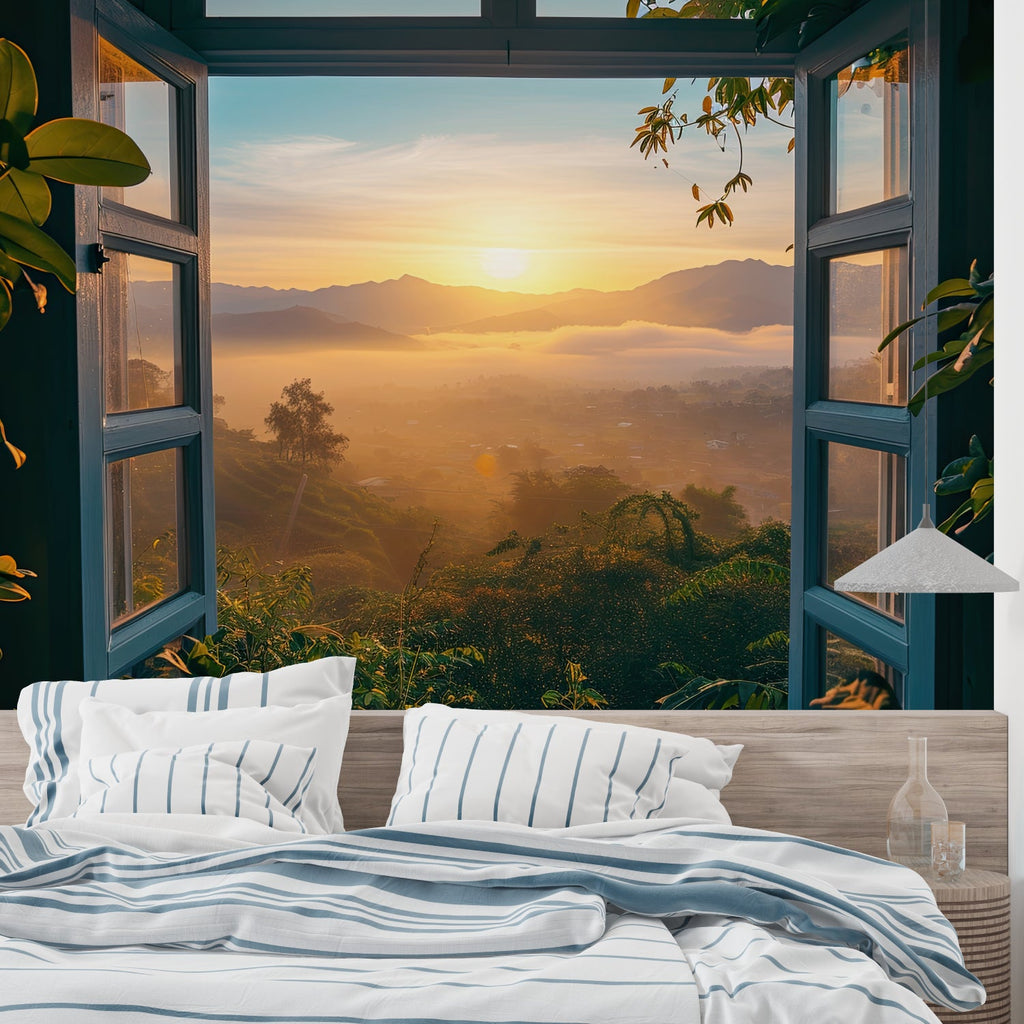 Window effect mountain wallpaper transforming home office space