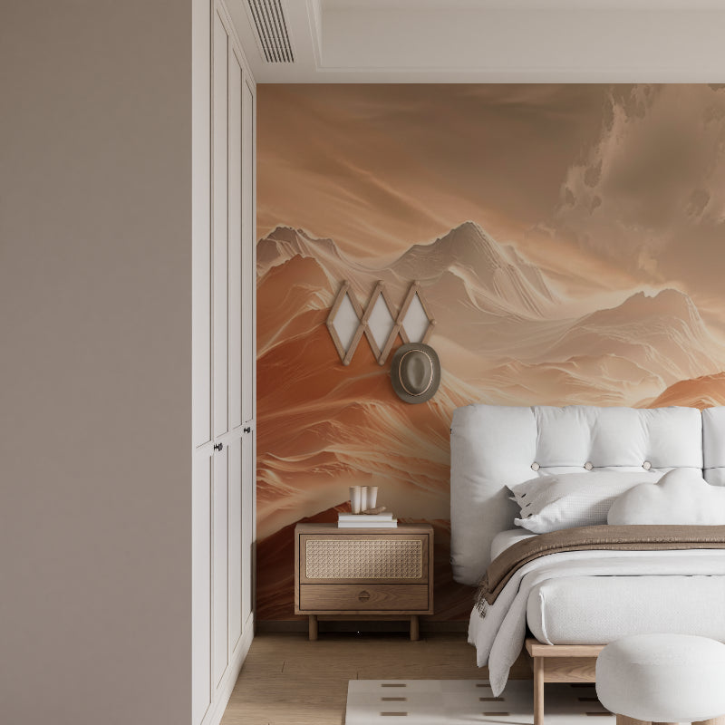 Mountain range wallpaper in modern living room with minimal furniture and natural light