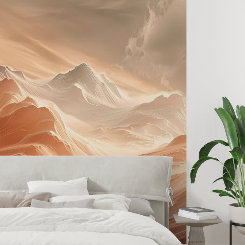 Sunset mountain wallpaper in home office with wooden desk setup