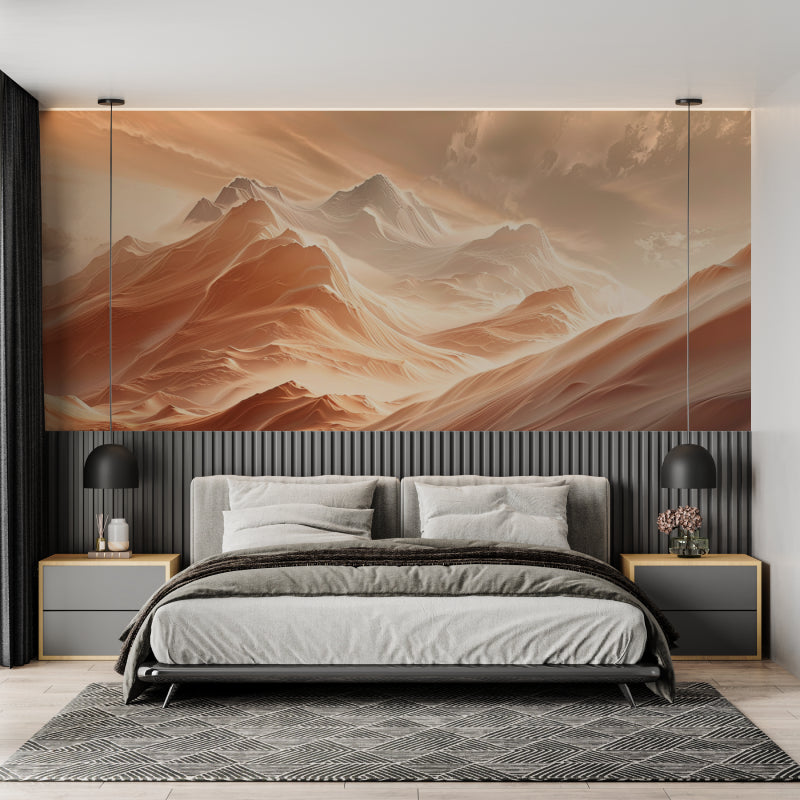 Terracotta peaks mural adding warmth to meditation room corner