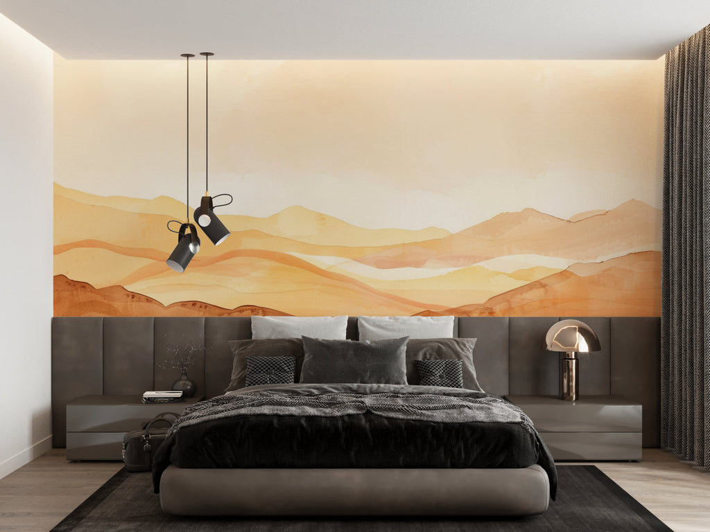 Mountain landscape mural in hallway, showing seamless installation