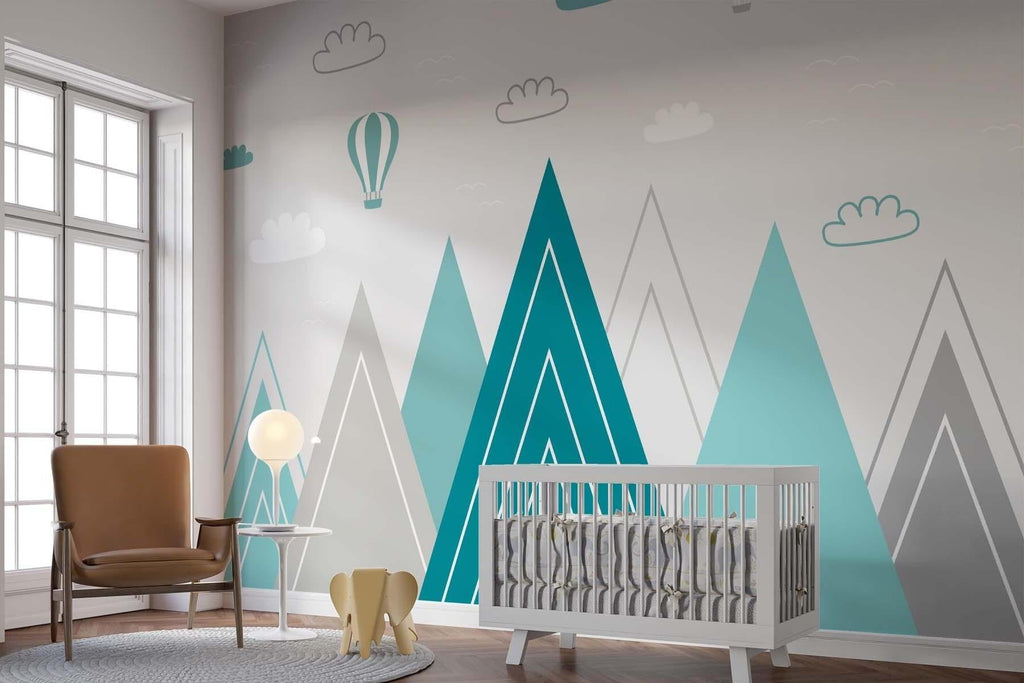 Turquoise mountain peak wallpaper creating a calm atmosphere in a kid's playroom