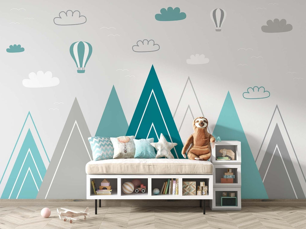 Mountain themed wall mural displayed in a modern home office space